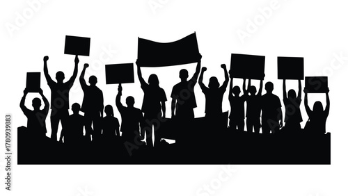 Protest crowd silhouette isolated on transparent background, Vector