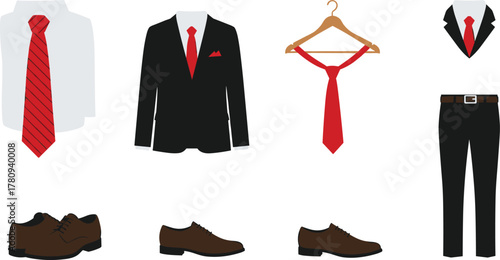 Formal men's outfit elements, black suit, red tie, dress shirt, brown shoes, fashion accessories, elegant style, wardrobe essentials, clothing set