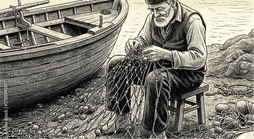 Wide urban skyline with mountain backdrop, minimal architectural composition in fine lines.