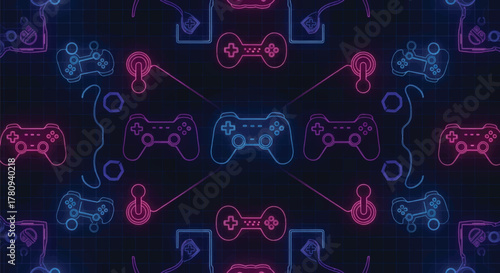 Abstract glowing pattern of neon gamepads creating a futuristic video gaming background. A creative digital illustration of entertainment technology