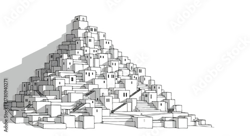 Pyramid-like stacked housing complex, modern architectural concept sketch.