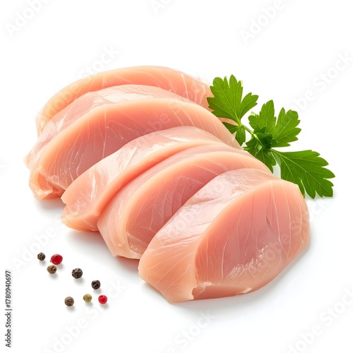 Sliced raw chicken breast fillet isolated on white background, ready to cook