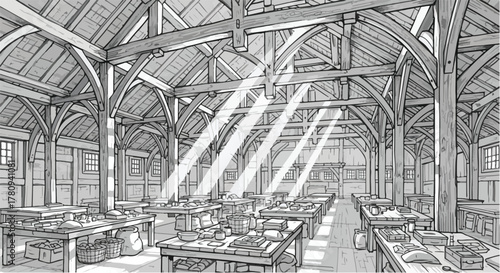 Interior of large hall with beams and sunlight, architectural space drawing in perspective.