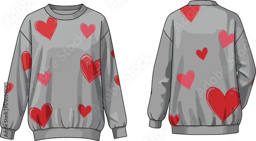 Gray sweatshirt with red heart prints, romantic fashion, Valentine's Day outfit, cozy apparel, playful design, love-themed casual wear, unisex style