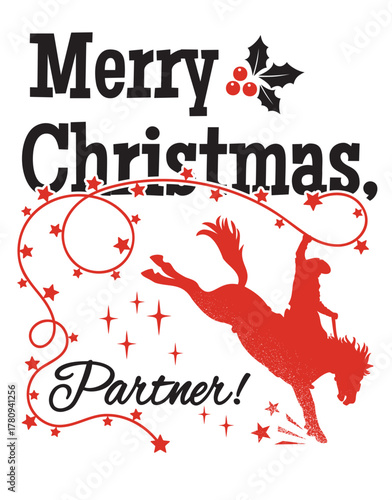 Cowboy Christmas, partner vector printable illustration with rodeo Cowboy riding wild horse black silhouette isolated on white paper background with winter holiday text Merry Christmas. 