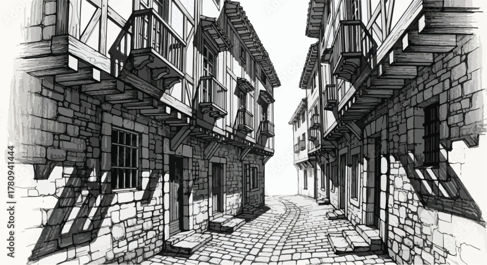 Fototapeta premium Narrow old street with stone houses and shadows, hand-drawn architectural perspective.