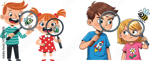 Curious children exploring insects with magnifying glass, learning science activity, nature study, funny cartoon kids discovering bugs and bee illustration