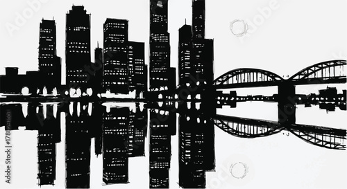 City skyline reflection with bridge silhouette, high-contrast urban architecture drawing.
