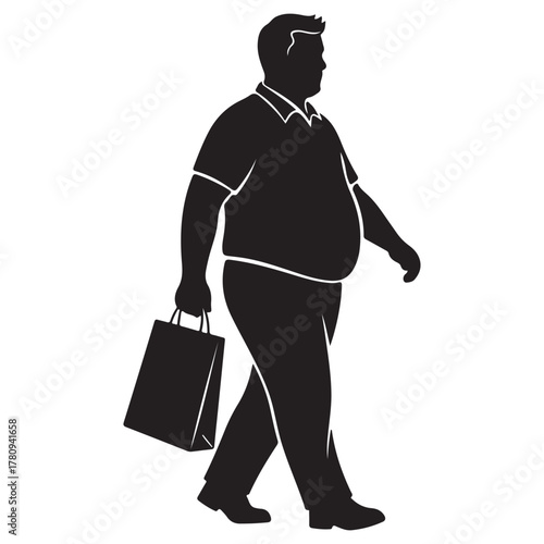 Silhouette of an Overweight Man Walking with a Shopping Bag