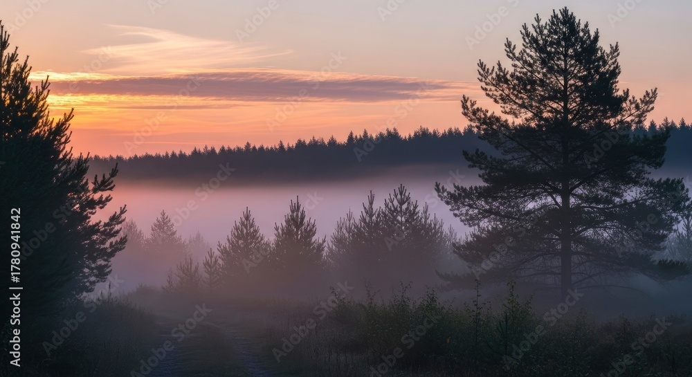 Fototapeta premium Enchanting Misty Pine Forest at Dawn with Serene Sky