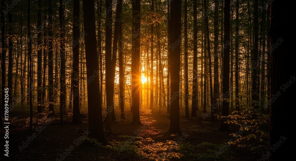 Fototapeta premium Golden Sunlight Bursting Through Dense Forest Trees at Dawn