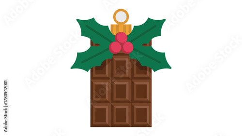 Festive Chocolate Delight: An artistic vector illustration of a chocolate bar adorned with a holly and berries, capturing the essence of the holiday season and a touch of sweetness.