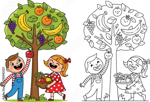 Happy children picking fruits from tree, harvest season, healthy food education, cartoon kids holding basket of fruits, coloring page illustration