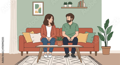 A young couple having a serious conversation while sitting apart on a sofa in a cozy living room.