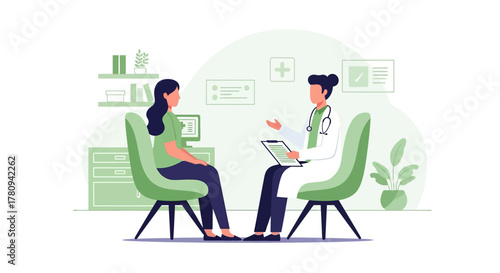 A doctor consults with a patient in a modern clinic setting, discussing health.