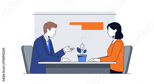A minimalist illustration of two professionals, a man and a woman, having a business discussion or consultation at a table with a plant.