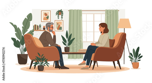 Illustration of a therapy session with a man and a woman in a cozy room.