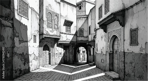 Historic alleyway with stone walls and arches, hand-drawn architectural street scene.