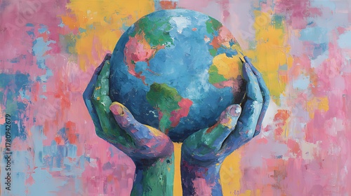 Hands gently cradling a colorful painted globe with abstract background