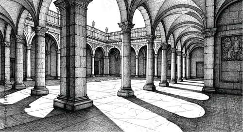 Interior courtyard with tall columns and sunlight, detailed architectural sketch in perspective.