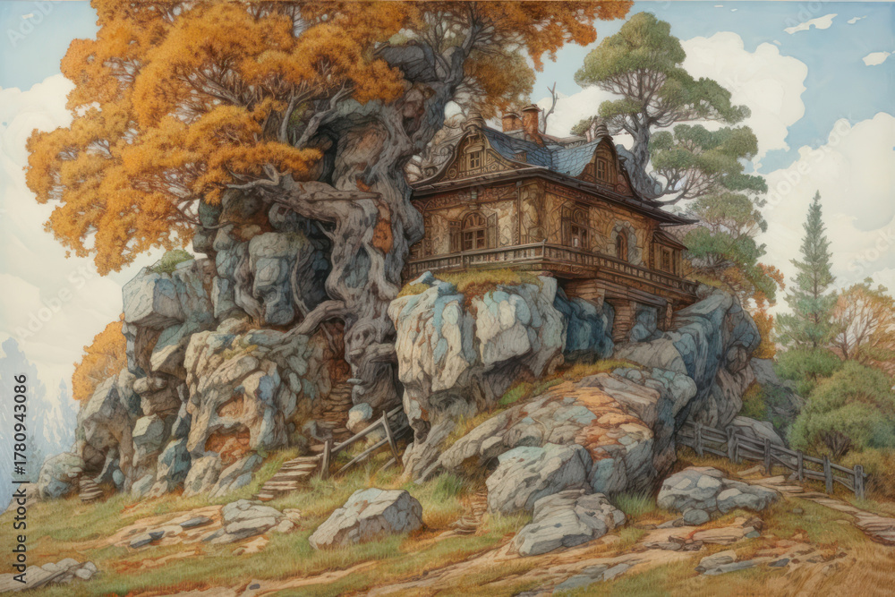 Fototapeta premium An atmospheric illustration in the style of a fairytale painting, depicting a secluded house built right on a rocky outcrop amidst an autumn forest.