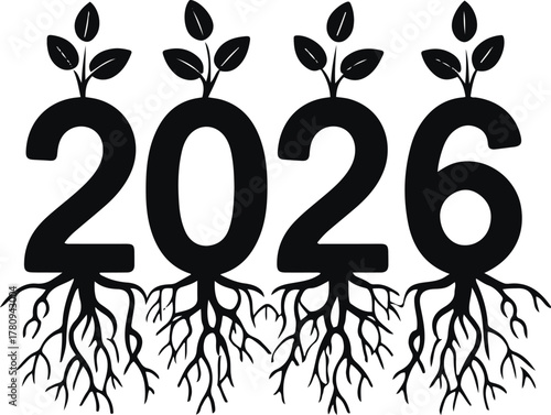 minimalist black line art of number 2026 where roots extend from the bottom of the digits and small leaves sprout from the top, clean white background 2