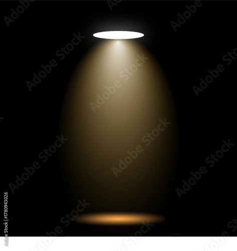 Realistic light spotlight beam shining brightly in a dark background with reflection on floor