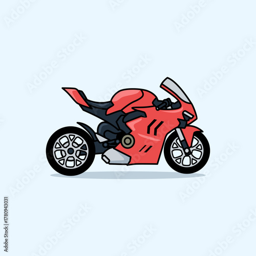 Red Sports Motorcycle Cartoon Style: Sleek Side View, Dynamic Design, Modern Colorful Illustration

