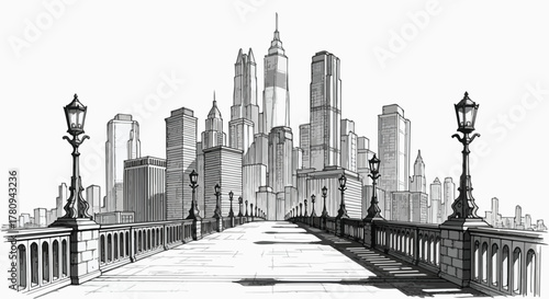 Architectural sketch of modern city skyline seen from bridge perspective, fine line illustration.
