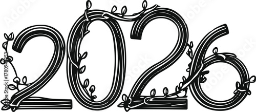 minimalist black line art typography of number 2026, decorated with thin delicate leaves and small flowers growing around each digit, elegant botanical vector design 4