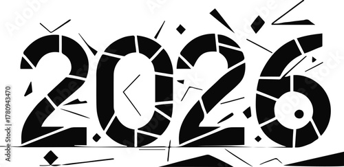  number 2026 drawn with broken abstract line segments and geometric fragments, minimal black outline vector on white background 2