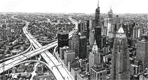 Detailed bird’s-eye pencil drawing of city grid and highways with skyline on the horizon, monochrome style.