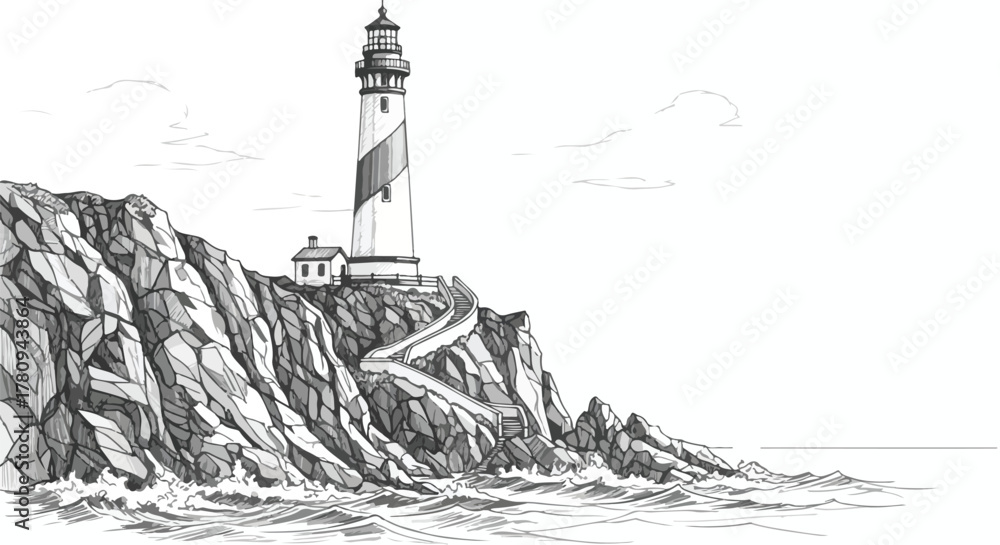 Fototapeta premium Lighthouse on rocky coastal cliff sketched in monochrome style, serene maritime illustration.