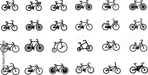 Collection of detailed bicycle outline icons on white background. Cycling transport and recreation design.