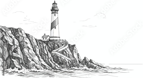 Lighthouse on rocky coastal cliff sketched in monochrome style, serene maritime illustration.