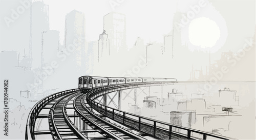 City train on curved elevated track disappearing into urban mist, cinematic pencil sketch.