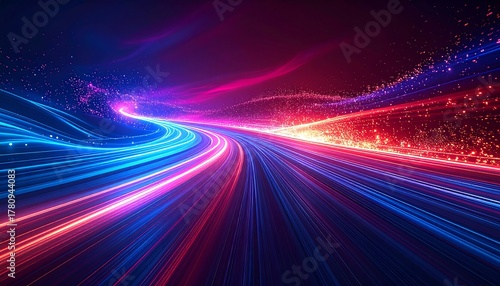 Abstract, vibrant streaks of light curving through a space