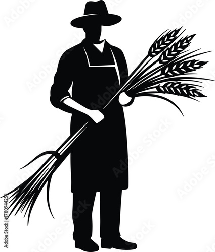 Silhouette of farmer holding wheat crop bundle, agriculture worker in hat and apron, rural harvest concept, farming and agriculture illustration design
