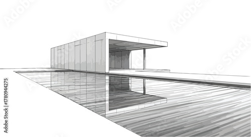Minimalist architecture with flat roof structure and long reflections on smooth floor, geometric pencil sketch.