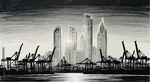 Modern skyline with industrial cranes silhouetted at dusk, dark-toned digital-style sketch.