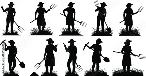 Silhouette of women farmers standing and working with garden tools, female agricultural workers holding shovels and pitchforks, rural farming vector illustration concept