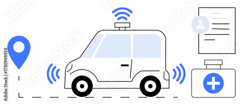Self-driving car emitting wireless signals with pinpoint map marker, user information document, and first-aid kit. Ideal for technology, healthcare delivery, automation, navigation, innovation