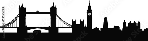London skyline silhouette, Tower Bridge, Big Ben, The Shard, Gherkin, UK landmarks, cityscape, architecture, travel, tourism, iconic buildings