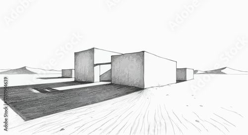 Old industrial factory building sketched with smokestacks under cloudy sky, monochrome realism.