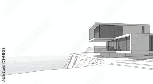 Curved modern structure with strong light reflections and abstract geometry, minimalist architectural sketch.