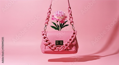Pink Handbag with Peony Flower on Pink Background.