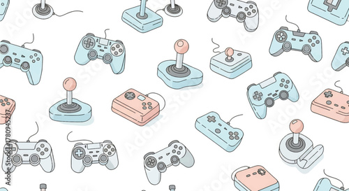 Seamless pattern featuring a variety of retro and modern video game controllers and joysticks in a pastel color palette on a white background, drawn in an isometric style.