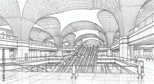 Futuristic train station with curved vaulted ceiling, architectural perspective drawing.