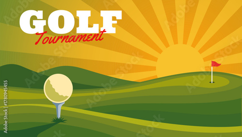Golf course with green hills and sunrise illustration background for banner and advertisement. Golf sport background with ball on tee and flag hole at sunset. Golf sport event poster for tournament
