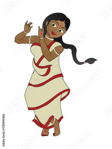 Bengali Woman Dancing in Traditional Red and White Saree Vector , Indian Culture Festival Illustration
